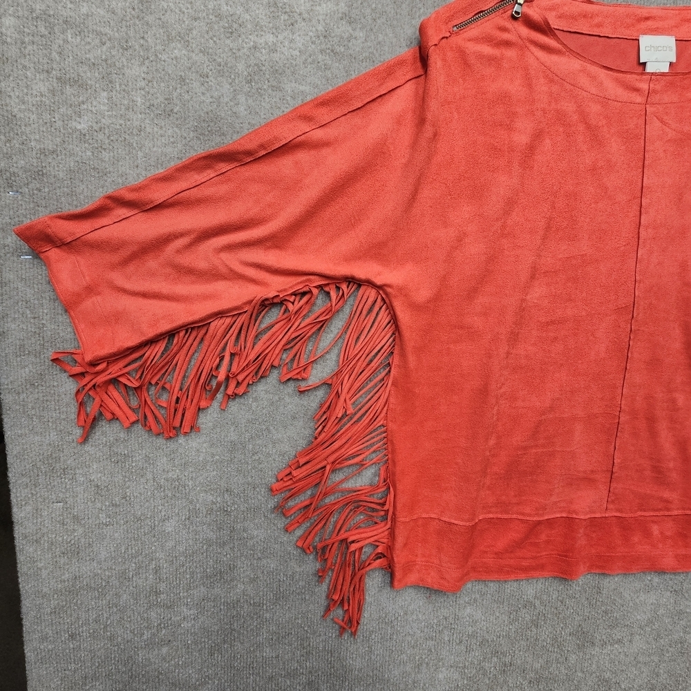 Chico’s Fringe Suede Feel Blouse Top Red Size 0 Soft Boho Western Festival - Picture 2 of 6